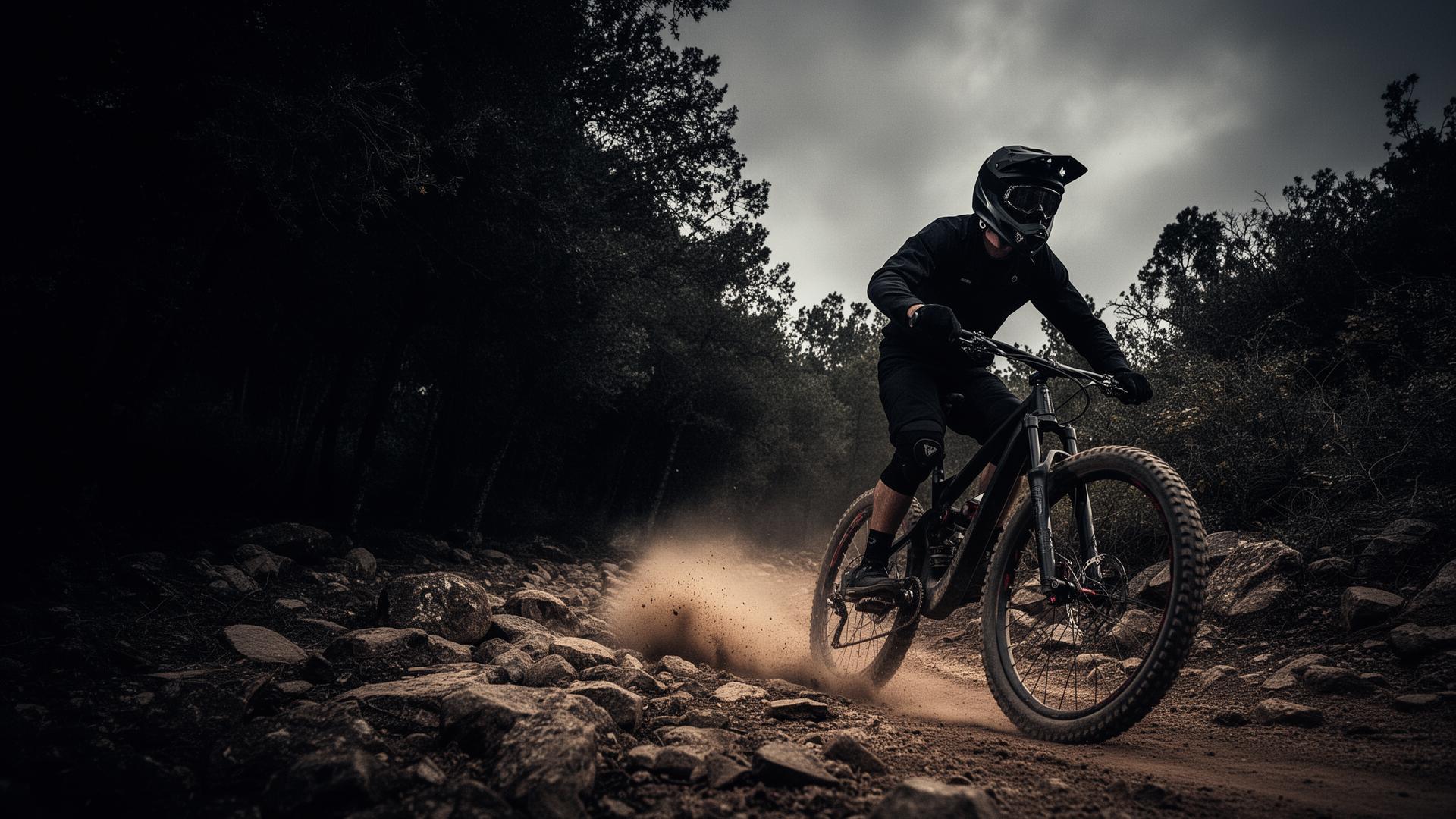 Mountain biker on dark trail